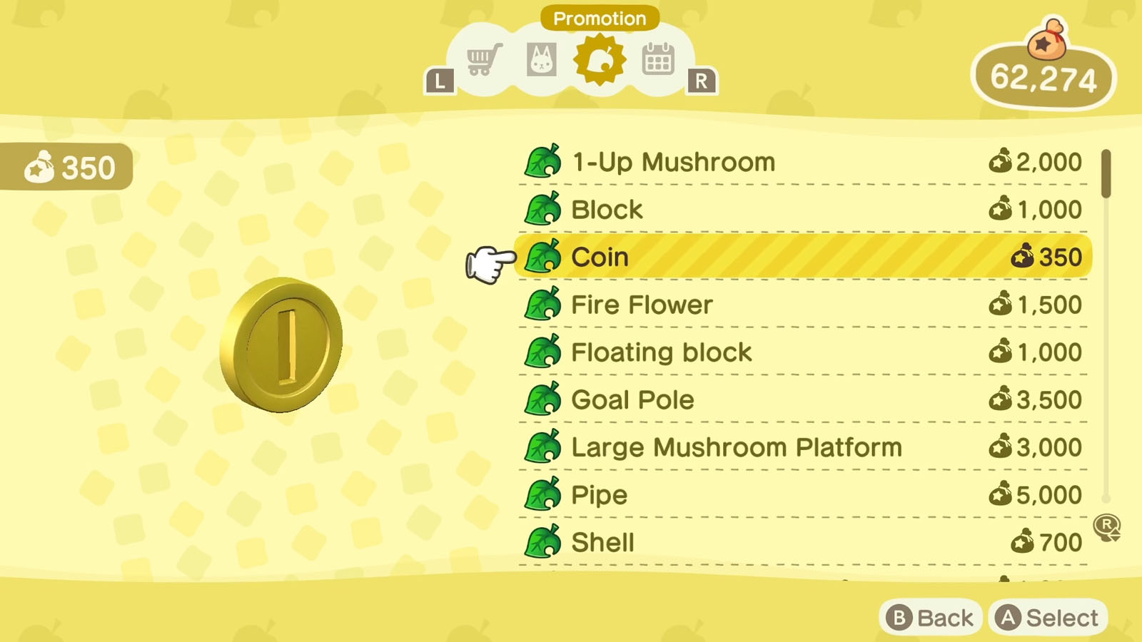 A list of Super Mario themed items available via the Nook Shopping app with the selected item icon to the left of the list 