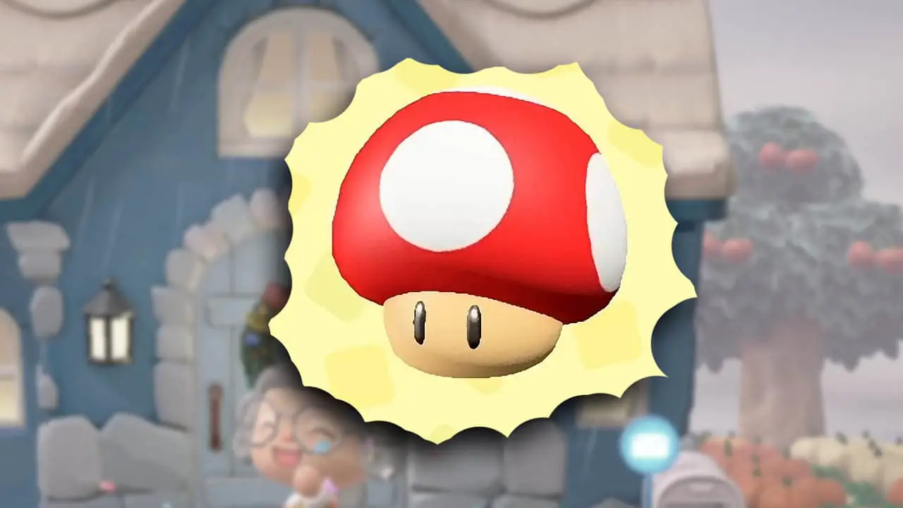 Red and white Super Mario power up mushroom in front of an Animal Crossing home