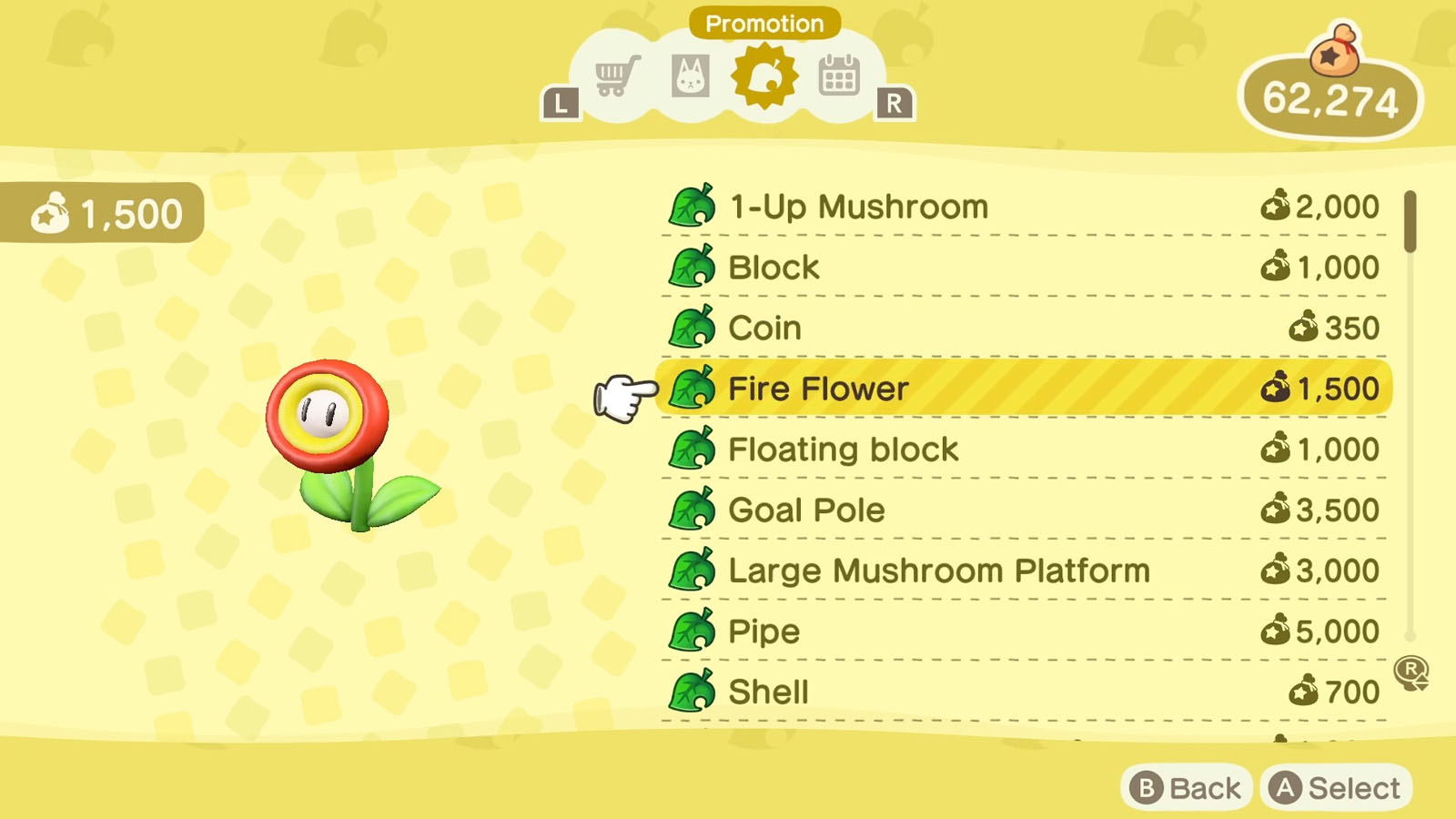 A list of Super Mario themed items available via the Nook Shopping app with the selected item icon to the left of the list 