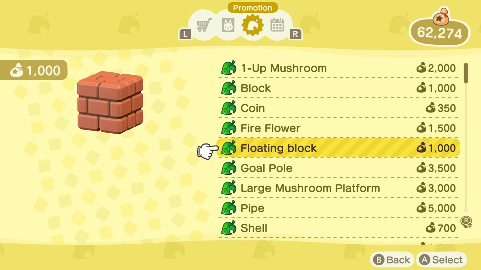 A list of Super Mario themed items available via the Nook Shopping app with the selected item icon to the left of the list 