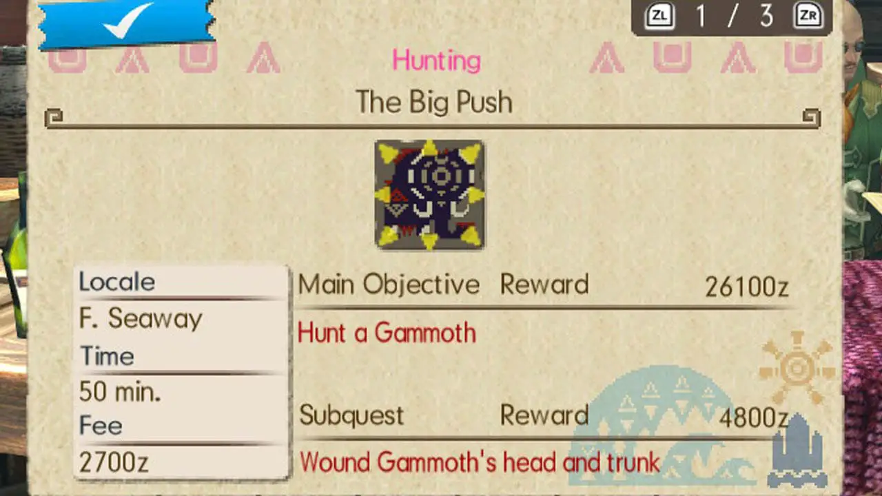A tan display box with a monster icon and explanation of hunt details