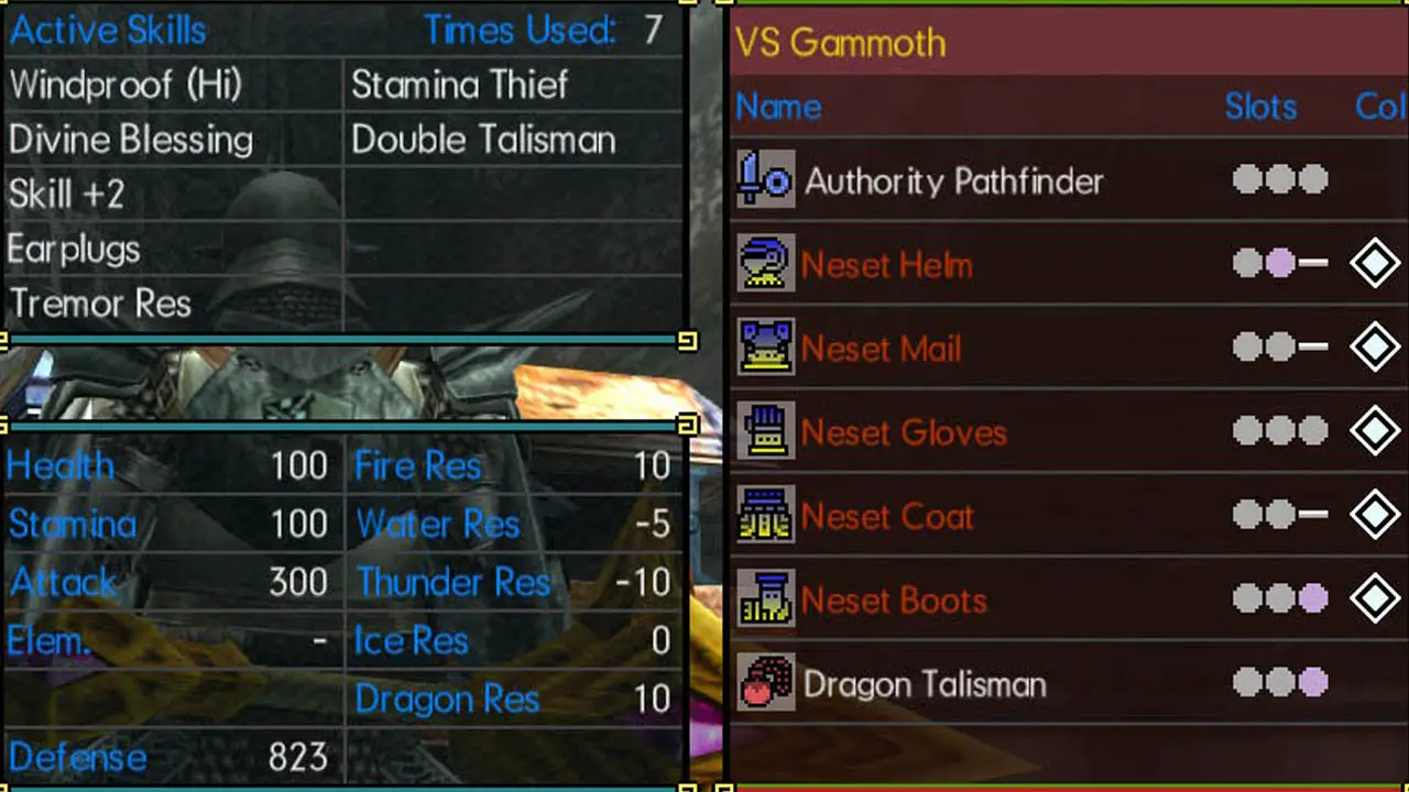 An on screen display list of armor euqipped and status values
