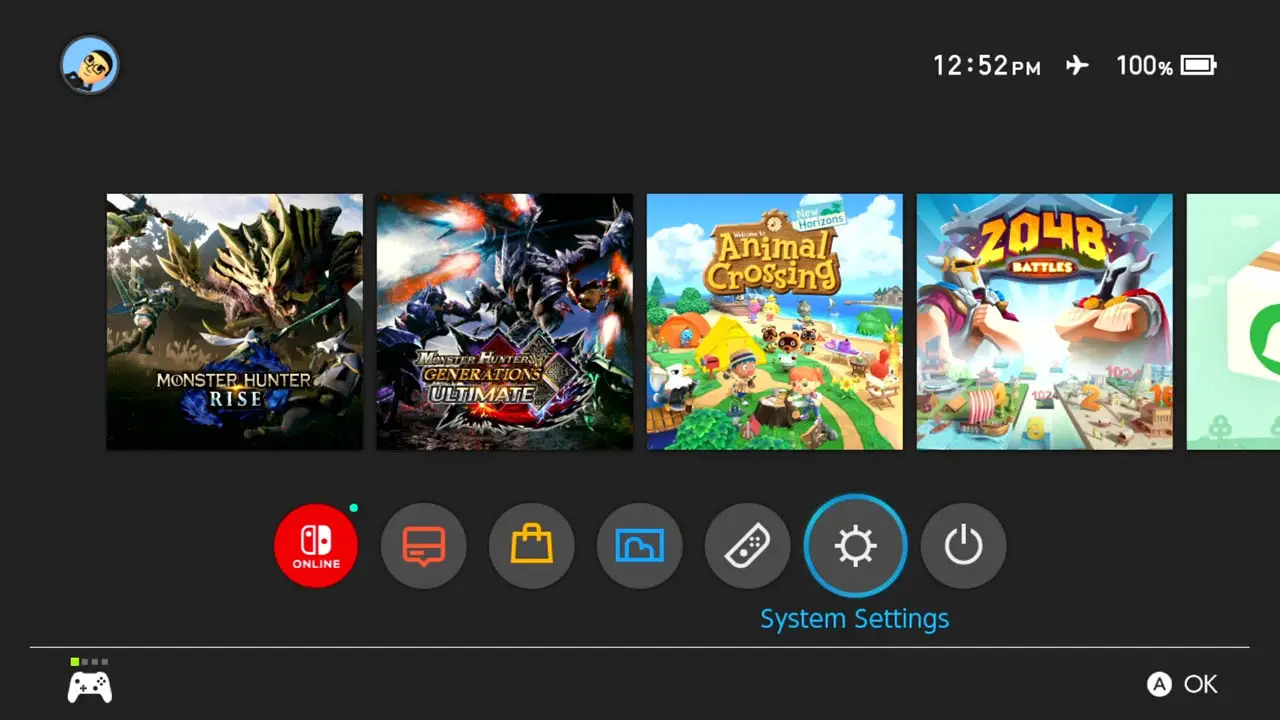 A row of game icon pictures above a row of Nintendo Switch app icons against a dark themed background