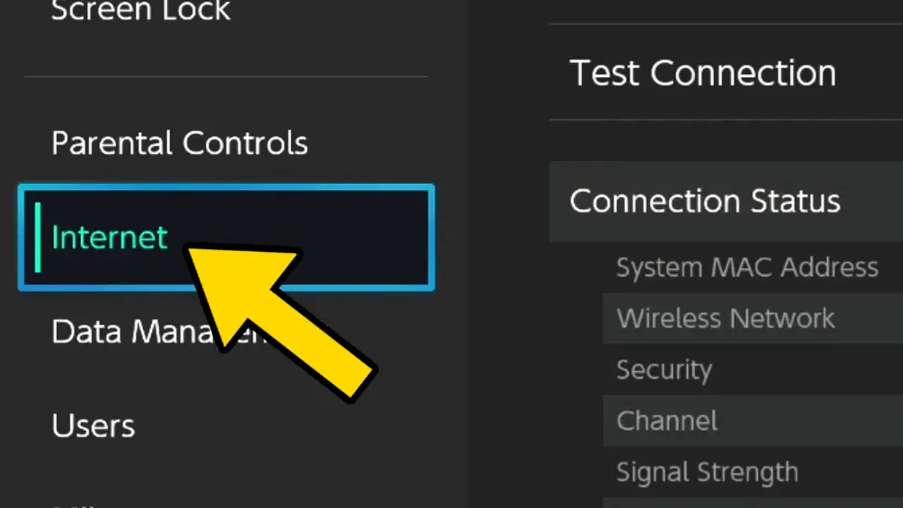 A list of Nintendo Switch options (white text, black background) with a yellwo arrow pointing at the word Internet