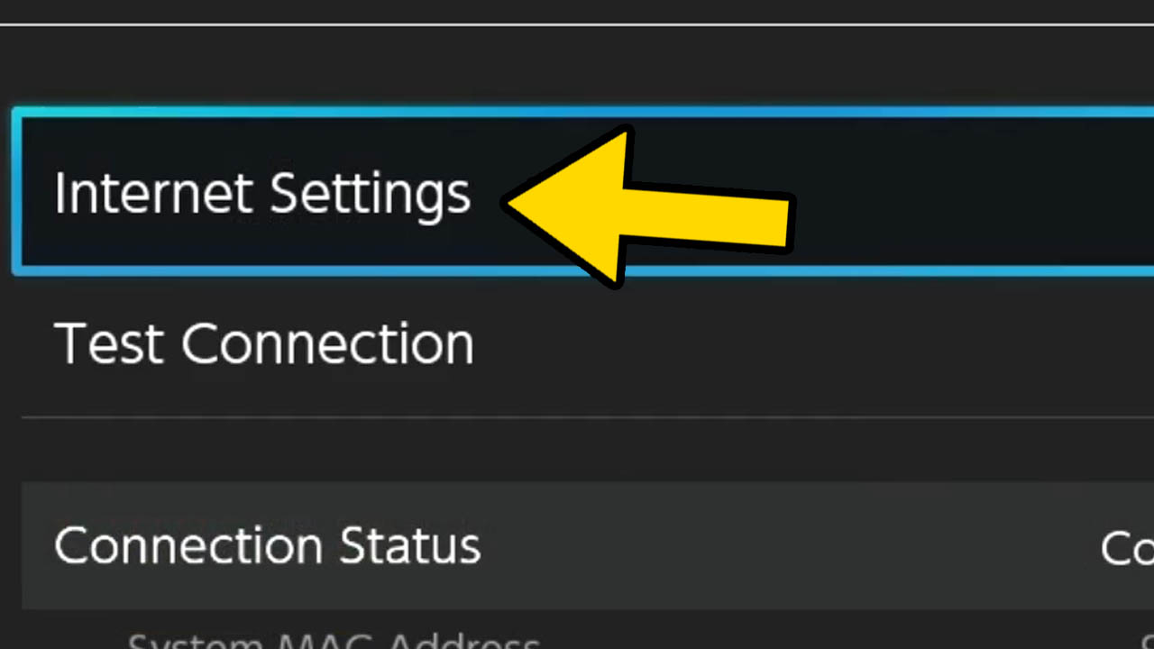 A list of Nintendo Switch options (white text, black background) with a yellwo arrow pointing at the word Internet Settings