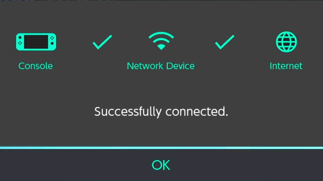 Netwwrok icons and internet connection test text at the cetner of a dark screen