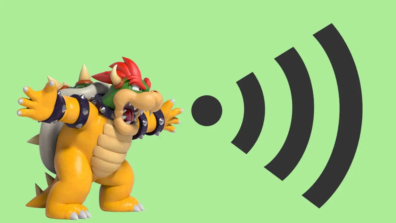 Bowser on the left with his arms and mouth open with a WiFi wave to the right against a liem green background