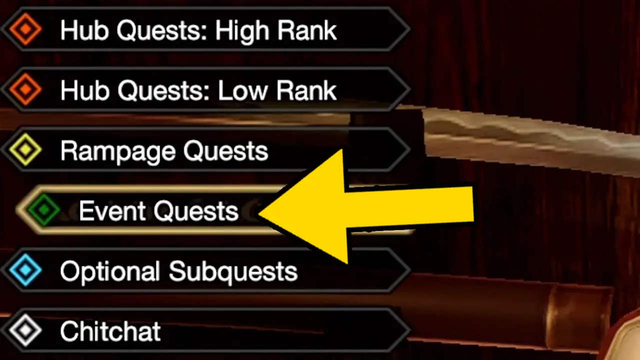 A list of quest options with a yellow arrow pointing at Event Quests