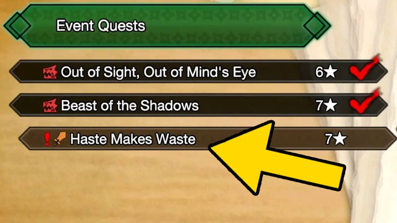 A list of Event Quests with a yellwo arrow pointing at the bottom most quest
