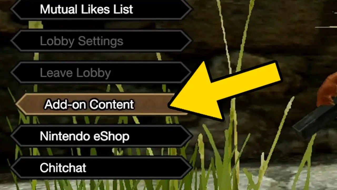 An on screen list of options with a yellow arrow pointing at the Add-on Content option