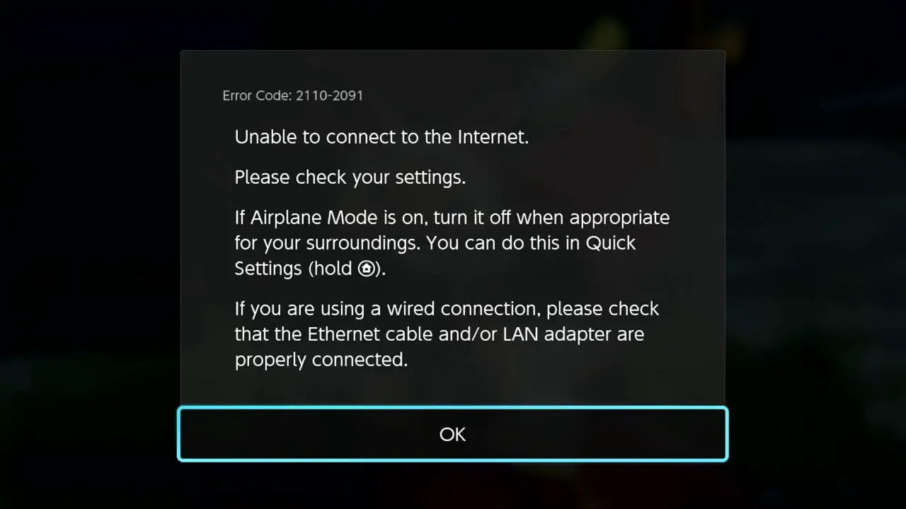 An on screen gray warnig box explaining that the Nintendo Switch could not connect to the internet