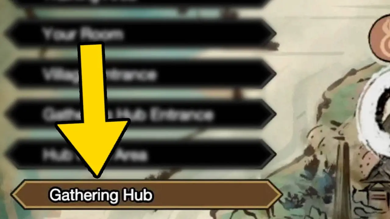 A list of locations in Monster Hunter Rise with a yellow arrow pointing at Gathering Hub