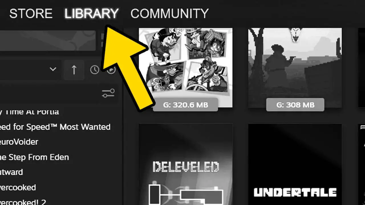 a Steam game list with game icons, images, and a list of games with a yellow arrow pointing at the word LIBRARY