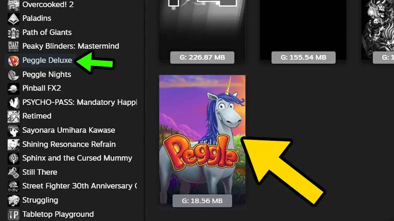 A list of games on the left next to a picture of a game called Peggle with arrows pointing at the game name and the game icon