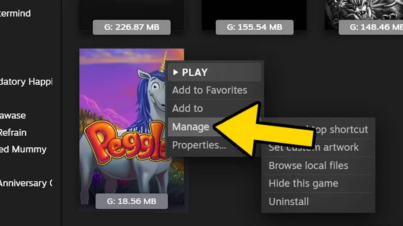 A right click menu with a list of options in front of a game icon with a yellow arrow pointing at the word "manage"