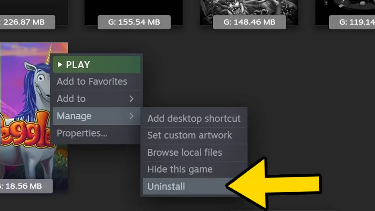A right click menu with a list of options in front of a game icon with a yellow arrow pointing at the word "uninstall"
