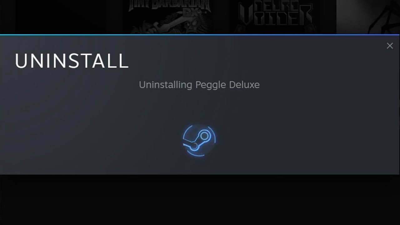 An on-screen message with the word UNINSTALL in large whtie font with a Steam logo glowing blue as the deletion process is happening