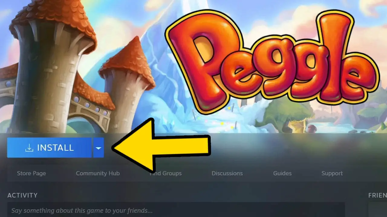 A cstle next to the word Peggle with a yellow arrow pointing at the word INstall