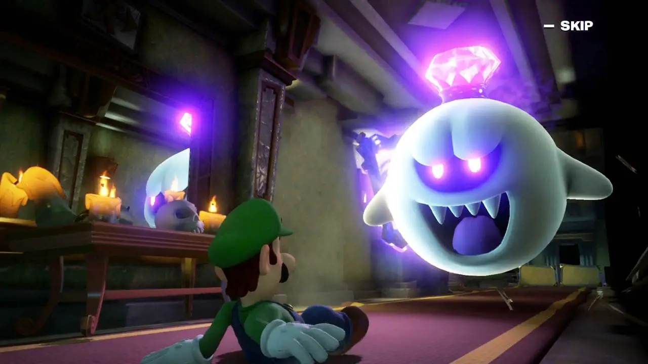 Luigi crawling away from a giant ghost in a hotel hall