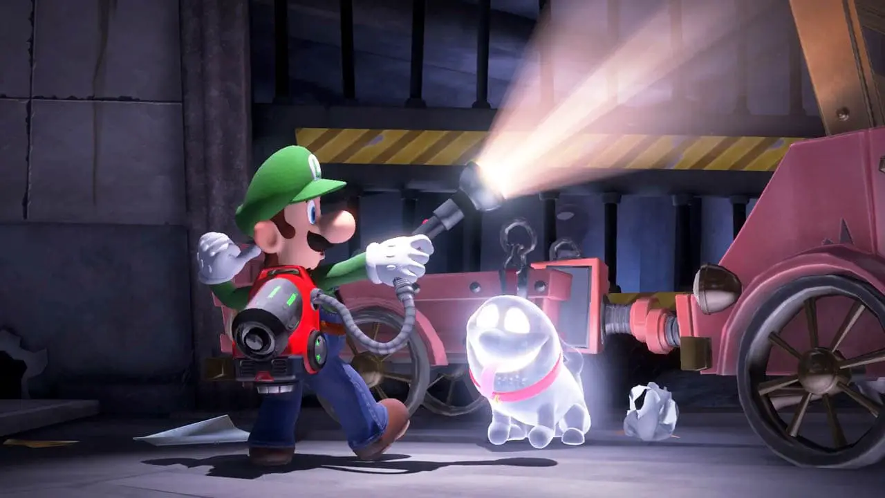 Luigi posing with his vacuum, flashlight, and ghost dog in a garage