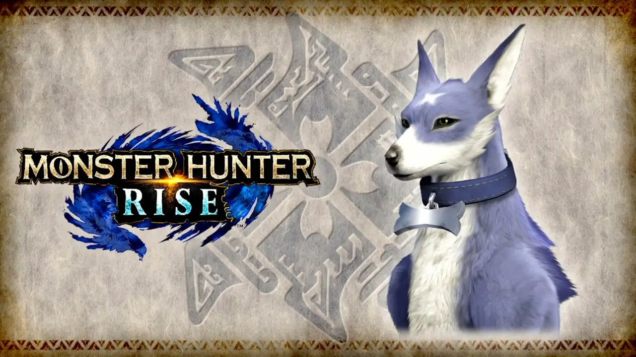 Monster Hunter Rise logo next to a dog