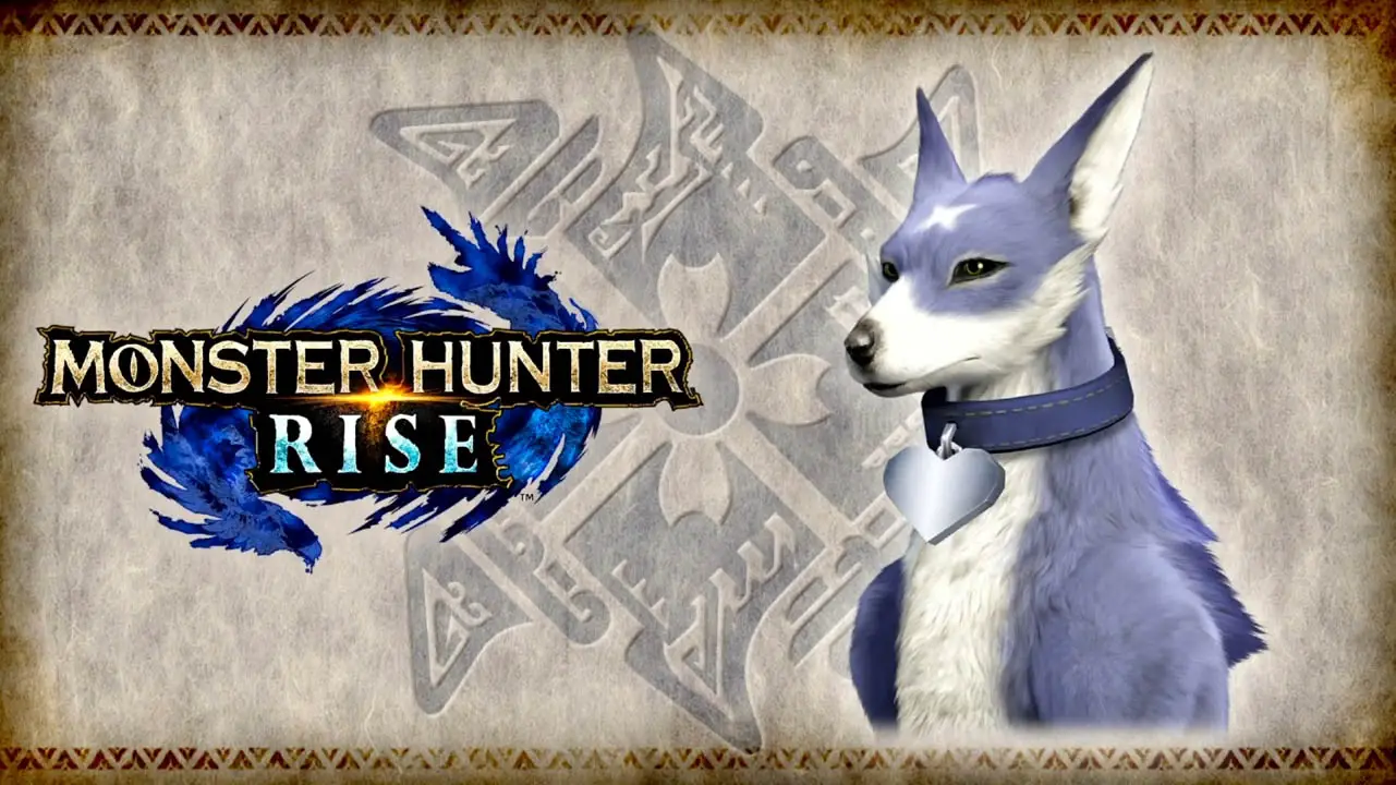 Monster Hunter Rise logo next to a dog