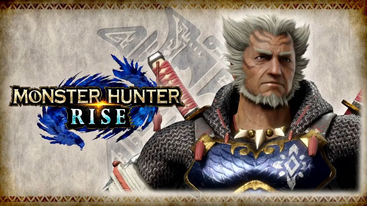 Monster Hunter Rise logo next to an older man
