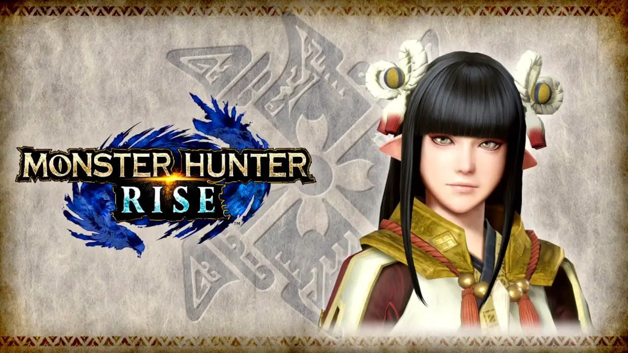 Monster Hunter Rise logo next to a younger woman