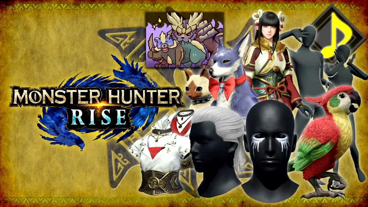 Monster Hunter Rise logo next to a bunch of Monster Hunter items and gear against gold background