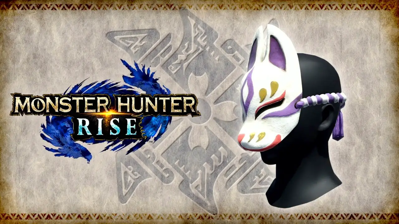 Monster Hunter Rise logo next to a face wearing a mask