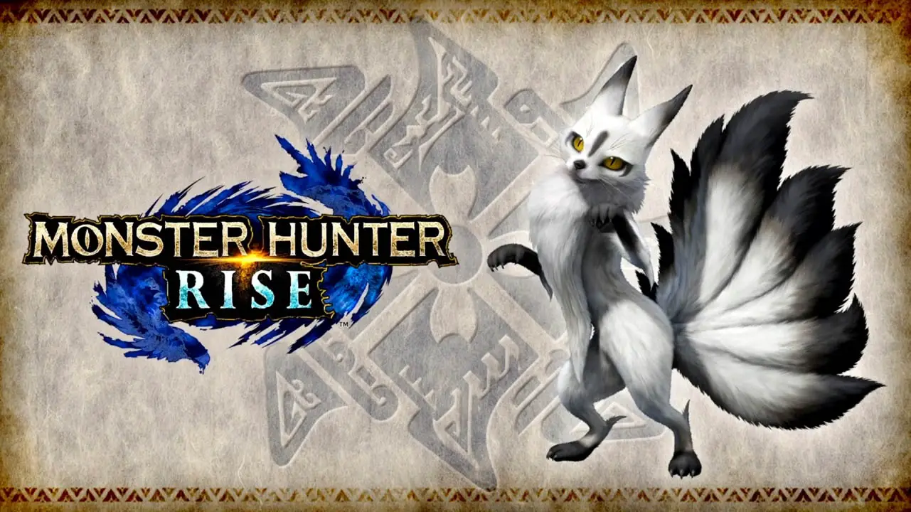 Monster Hunter Rise logo next to a white cat