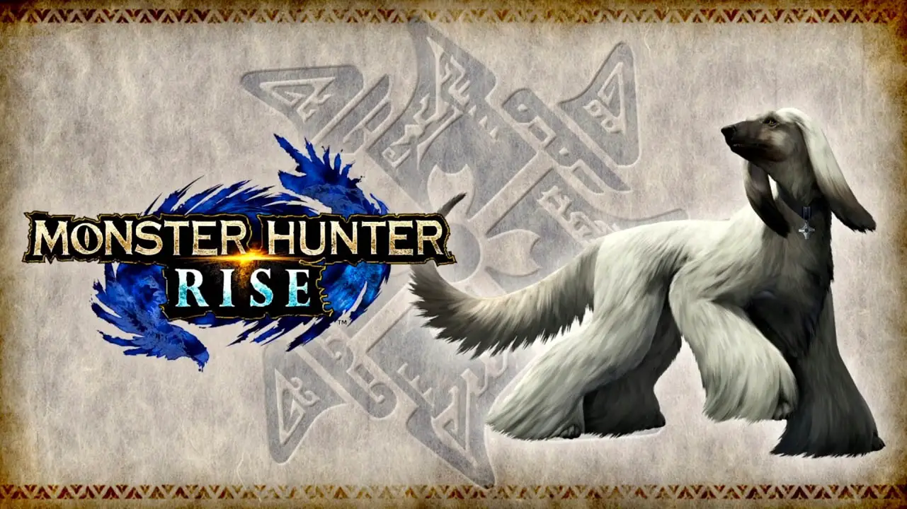 Monster Hunter Rise logo next to a whtie dog