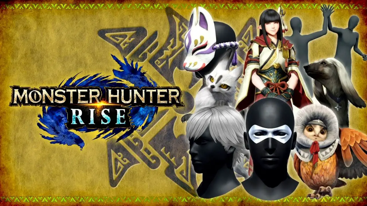 Monster Hunter Rise logo next to a bunch of Monster Hunter items and gear against gold background