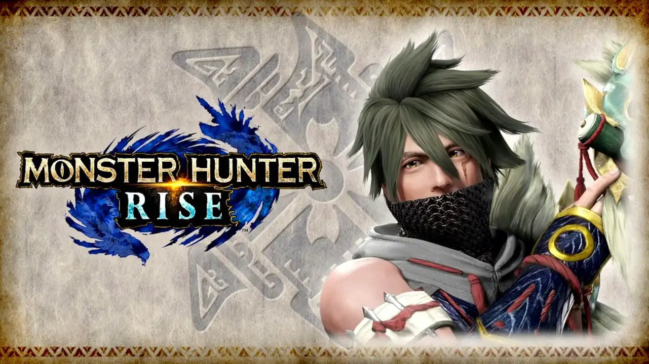 Monster Hunter Rise logo next to a young man's face