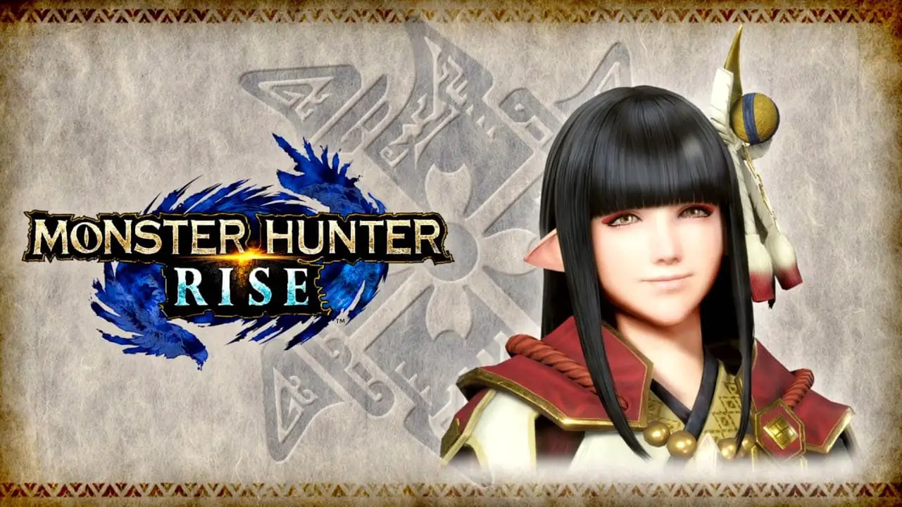 Monster Hunter Rise logo next to a young woman's face