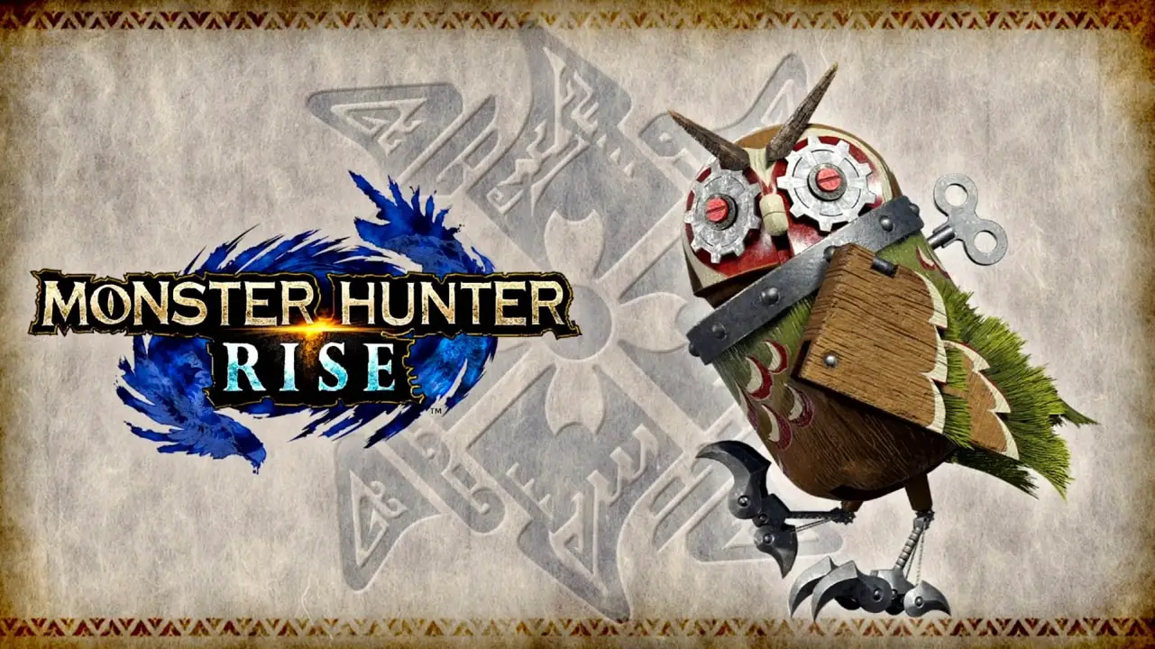 Monster Hunter Rise logo next to a robot owl