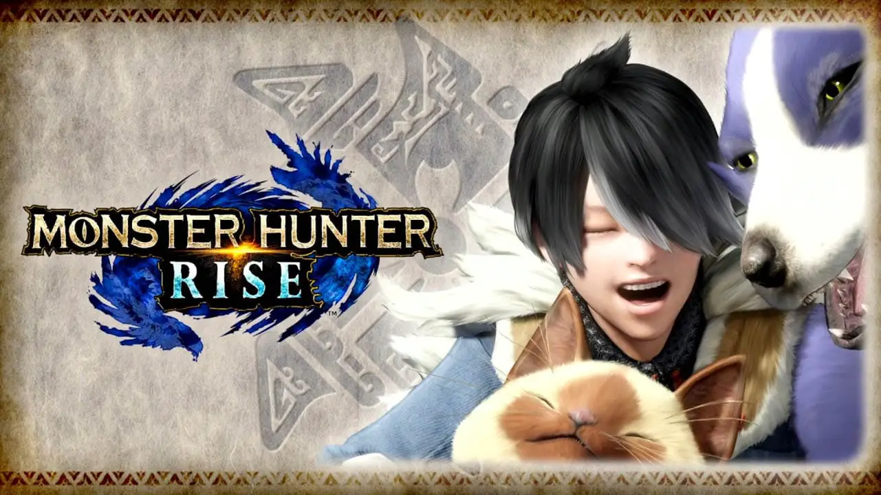 Monster Hunter Rise logo next to a kid laughing
