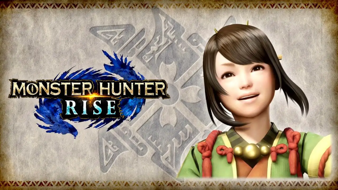 Monster Hunter Rise logo next to a kid smiling