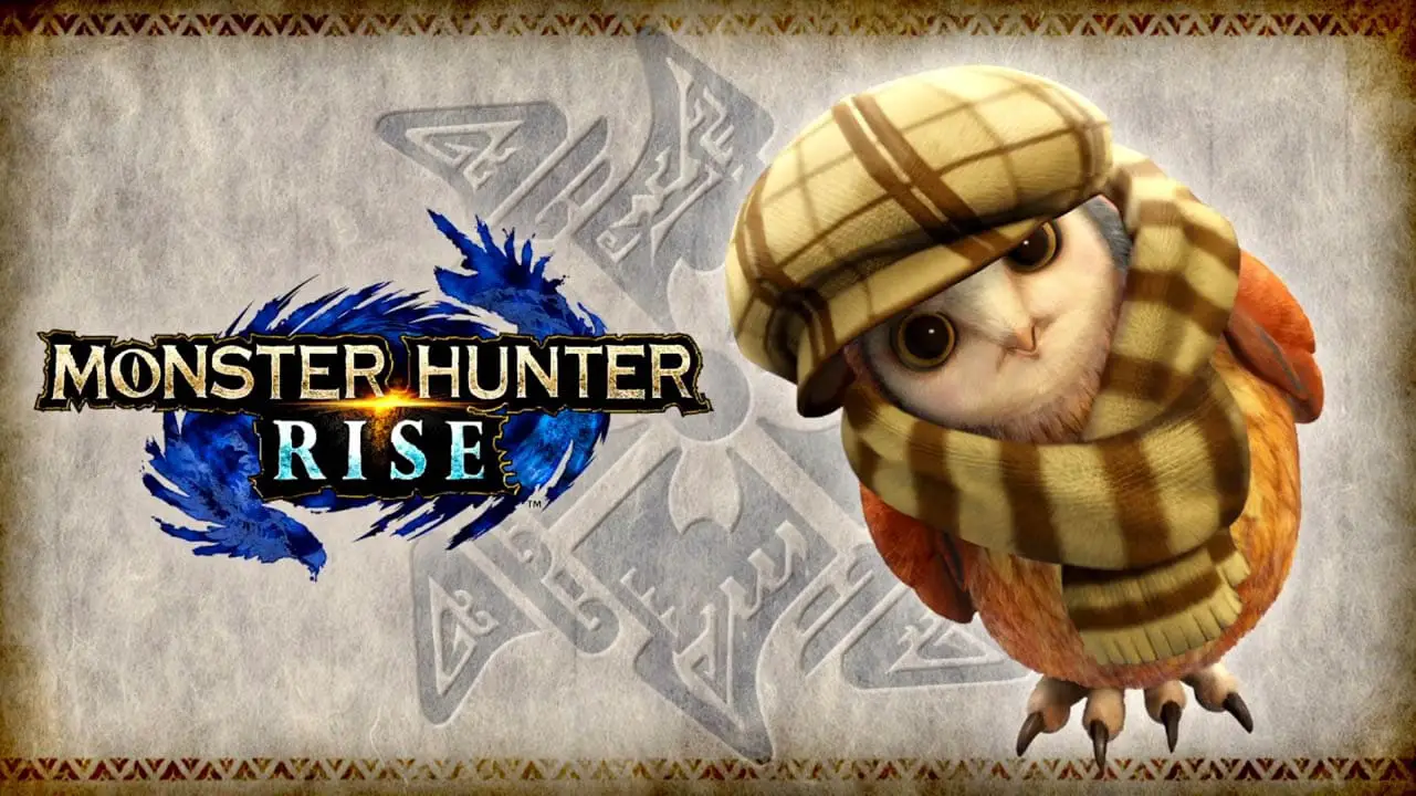Monster Hunter Rise logo next to a dressed-up owl