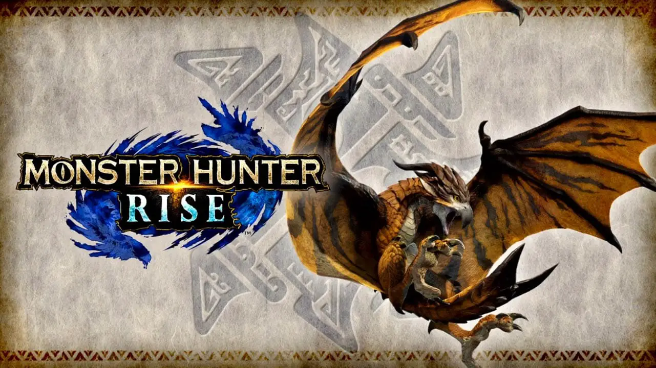 Monster Hunter Rise logo next to a dragon