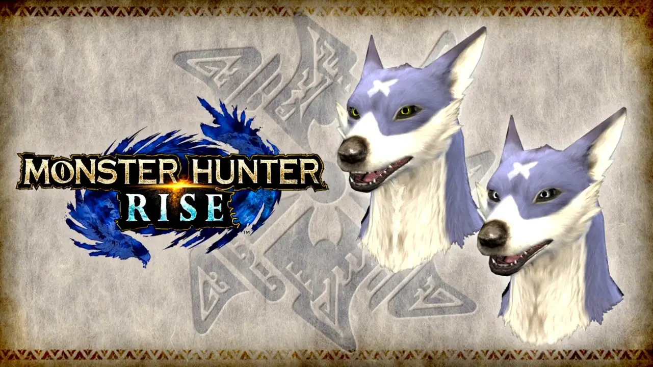 Monster Hunter Rise logo next to a dog's face