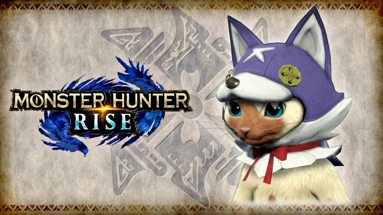 Monster Hunter Rise logo next to a cat's face