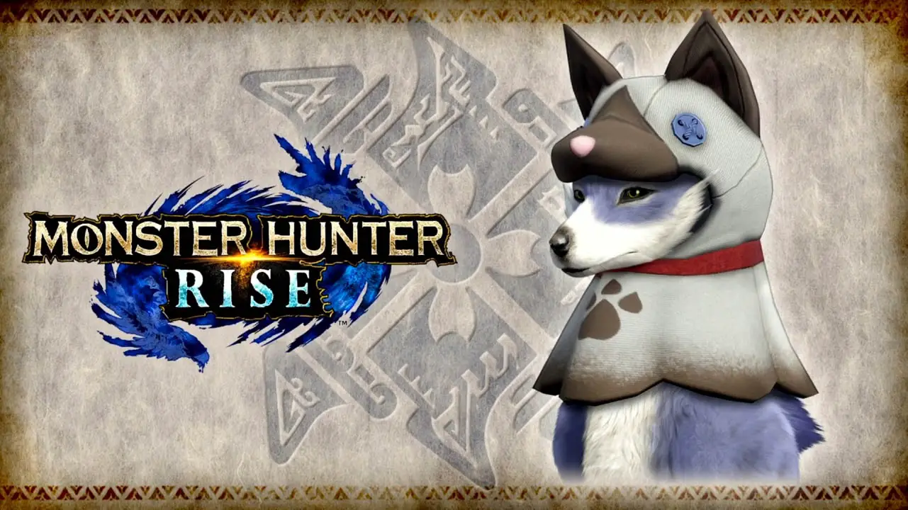 Monster Hunter Rise logo next to a dog's face