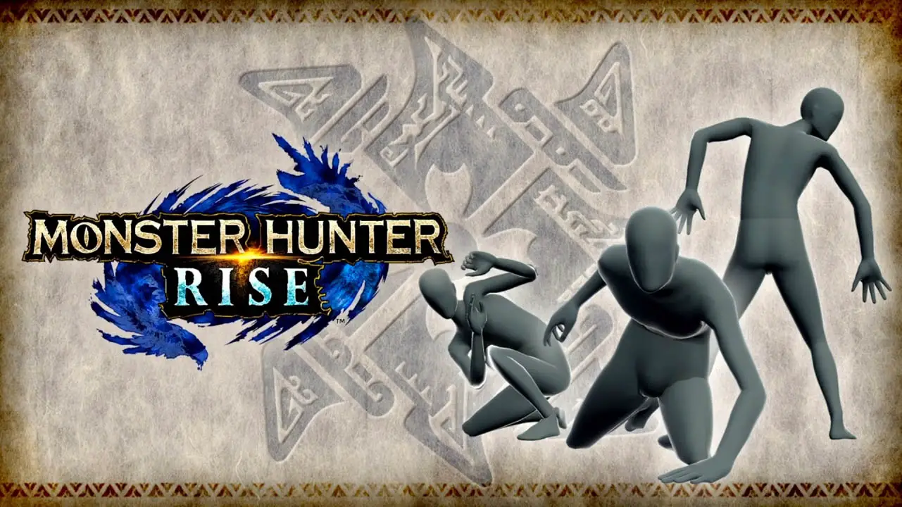 Monster Hunter Rise logo next to a posing man