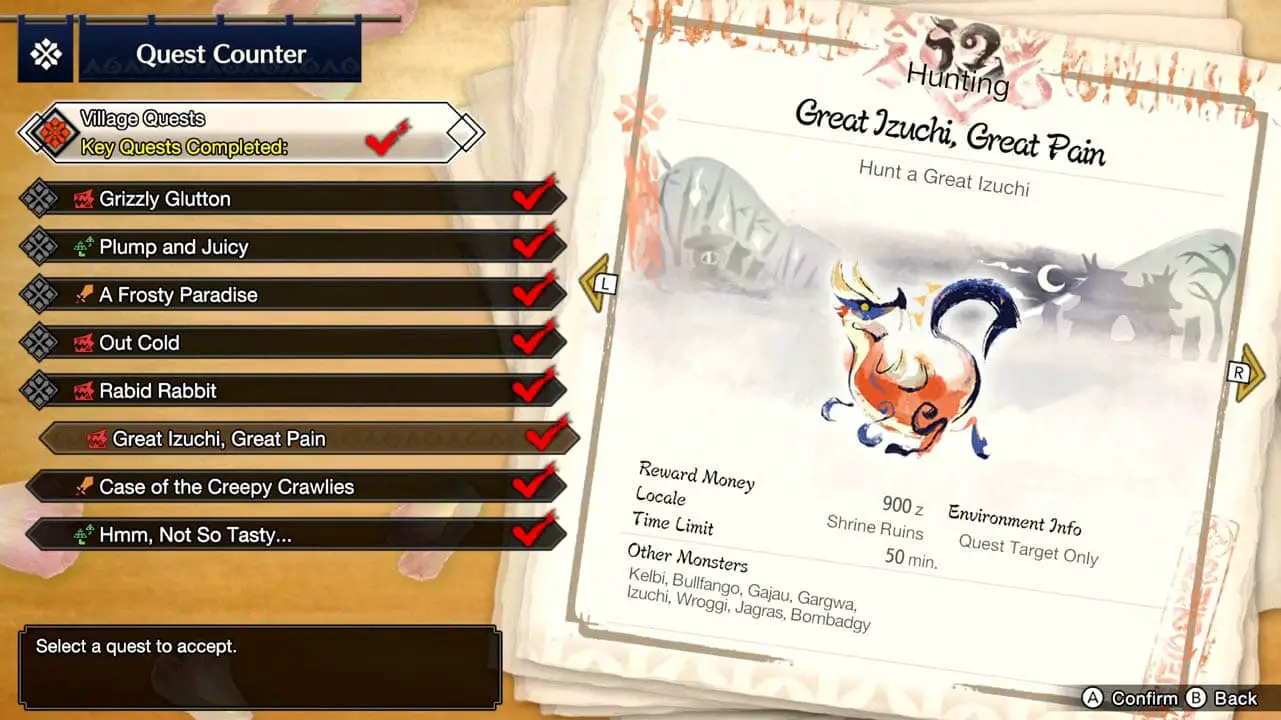 Quest selection screen from MHR; a list of quests on the left and an image of the monster on the right