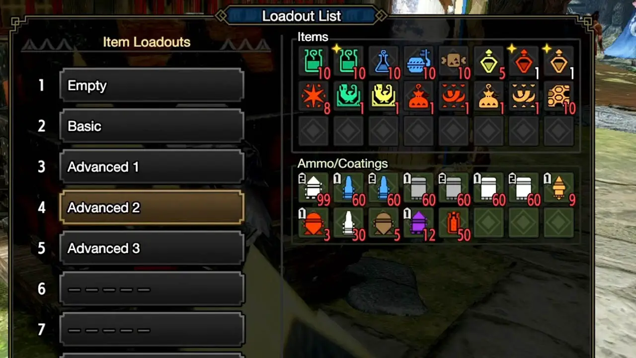 A list of item loadout options on the left with a box of item icons on the right