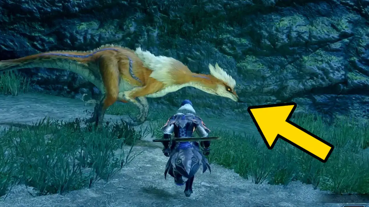 A hunter running at a monster with a yellow arrow pointing at the monster