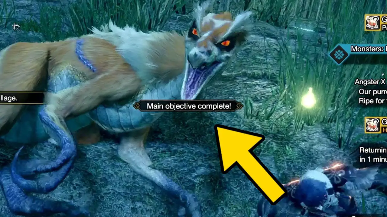 A mosnter in pain on the ground with its eyes and mouth open with a message saying "Main objective compelted" at the center with a yellow arrow pointing at the message