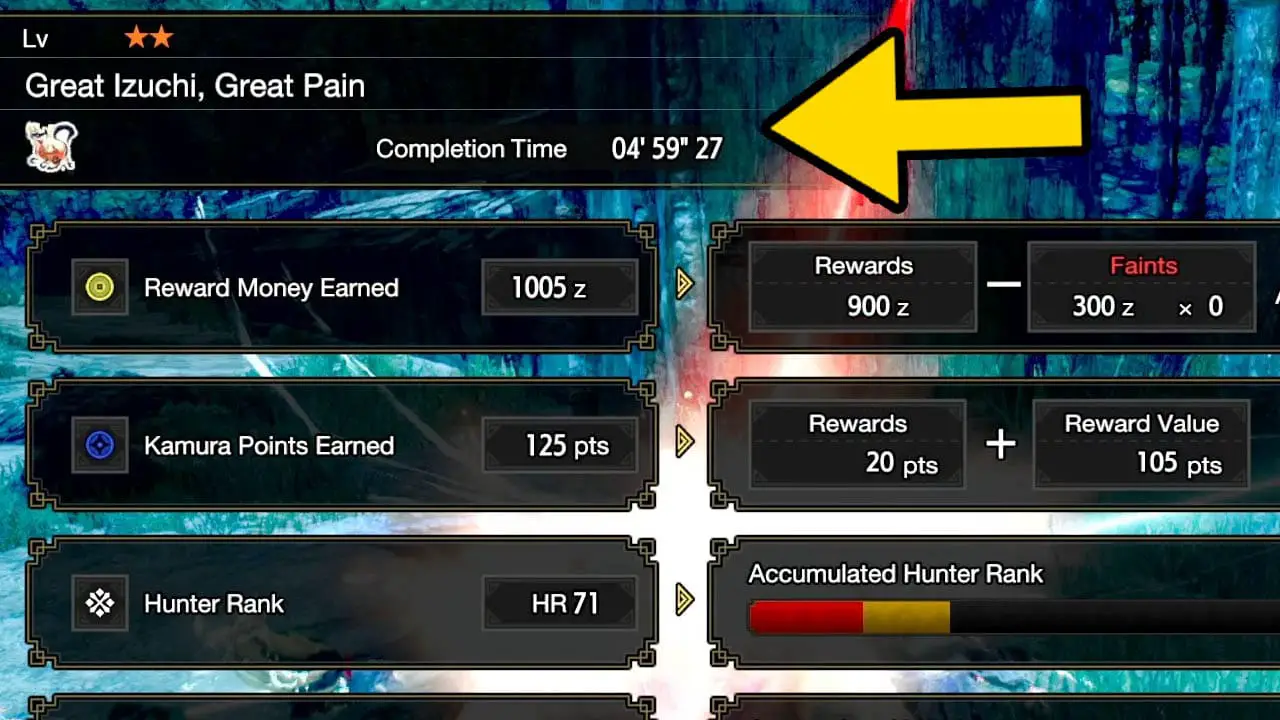 A detailed screen with missions results with a yellow arrow pointing ot the completion time of the quest