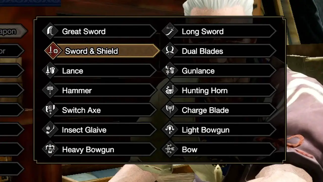 A list of weapon types in a menu select screen with a smithy behind it